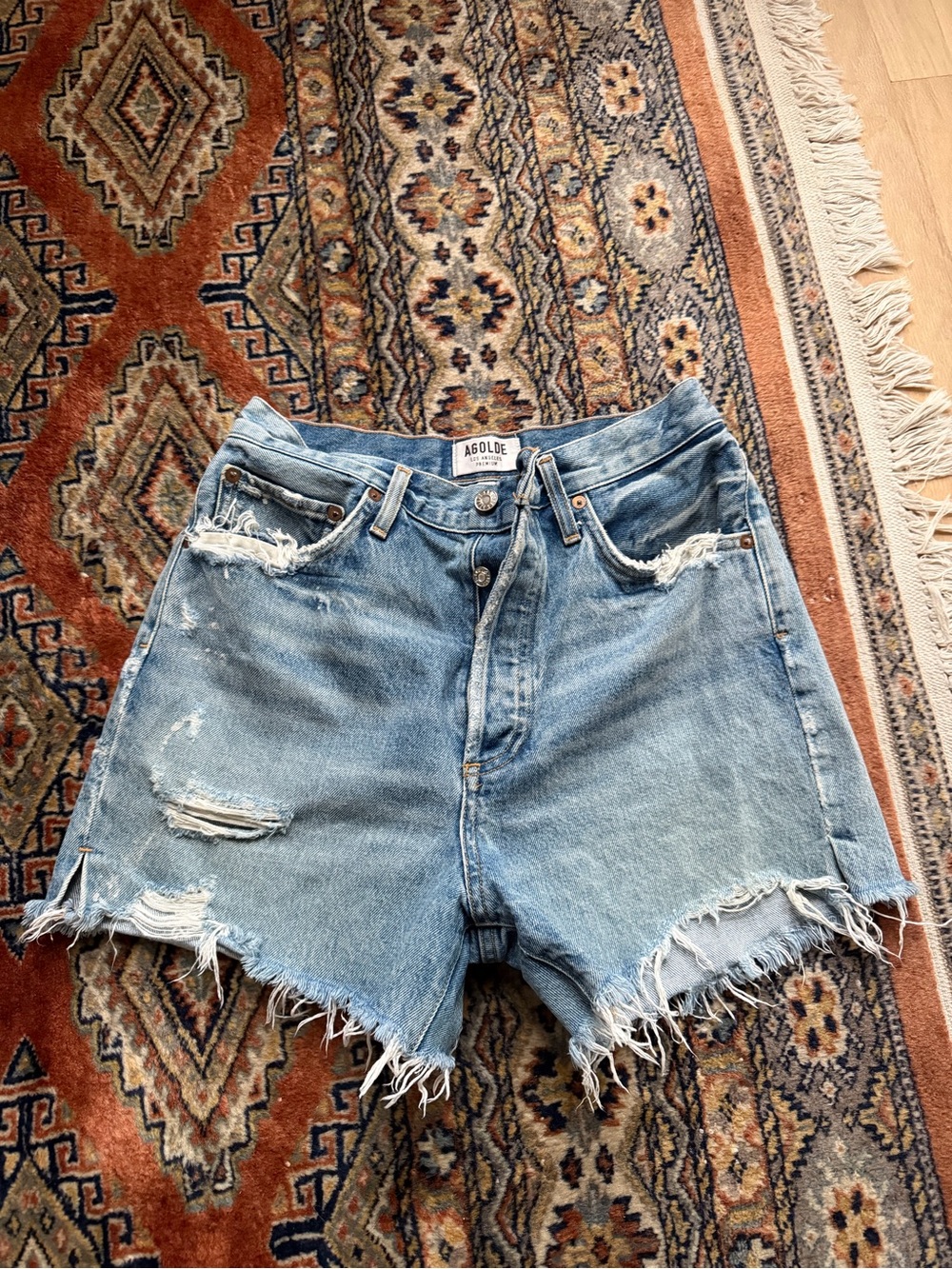AGOLDE Light Wash Distressed High-Rise Denim Shorts